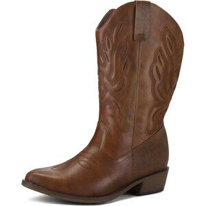 mysoft Women's Solid Brown Women's Western Cowboy Boots Mid Calf Pointed Toe